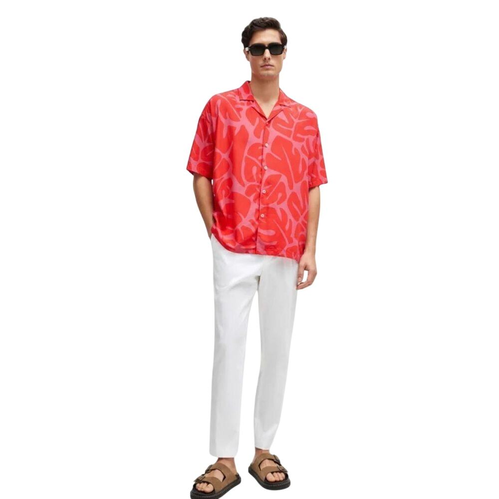 BOSS relaxed-fit Tropical Lightweight Red Pink Button Down Oversized Shirt XXL